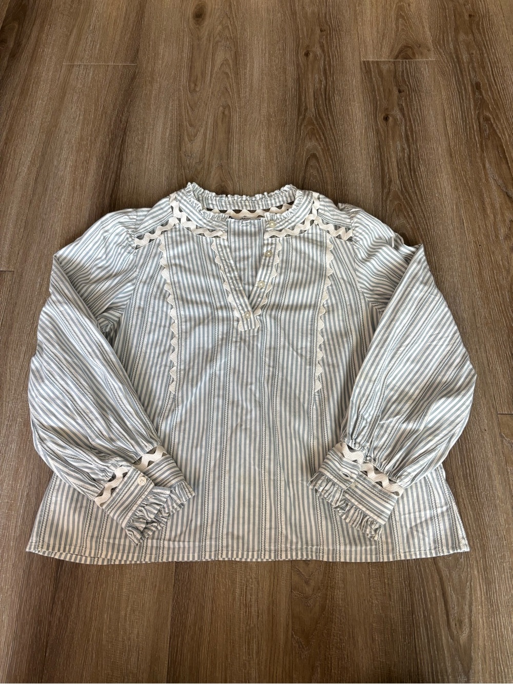 Sam Edelman Blue & White Striped Ruffle-Trim Blouse